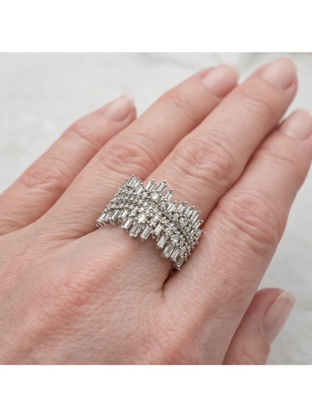 Wide Eternity Band Baguette Round Cubic Zirconia Ring Sz 8 Silver Tone Iced Out - Picture 2 of 7